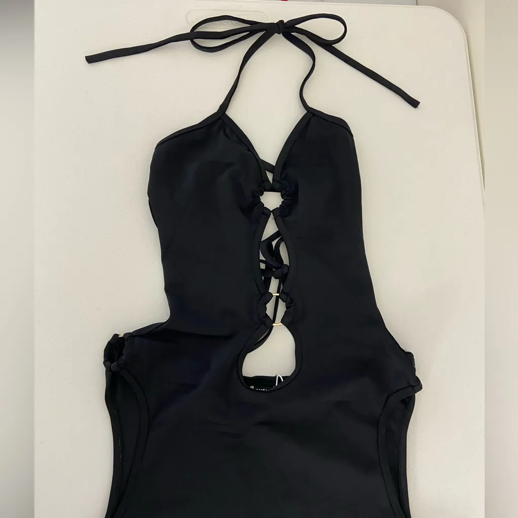NWOT SHEIN women’s solid black tie halter‎ cutout bodycon swim dress cover up L - Image 2