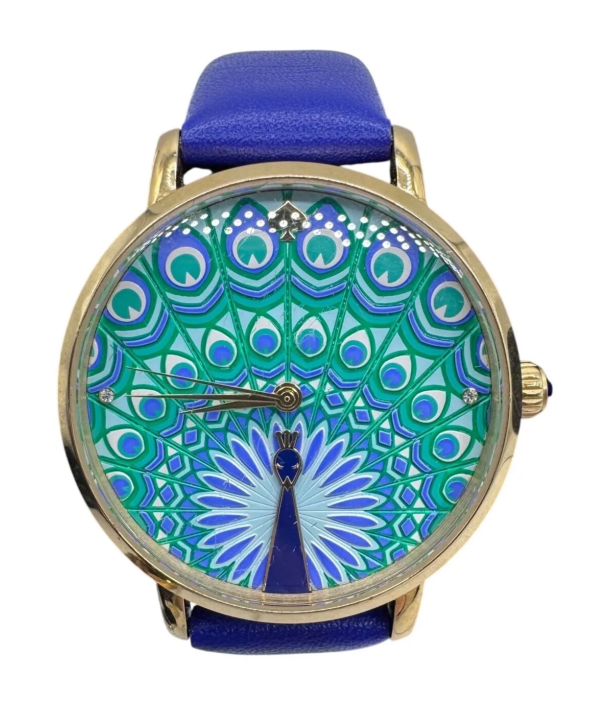Kate Spade New York Peacock Dial Blue Leather Strap Wrist Watch Womens Statement Gold - Image 1