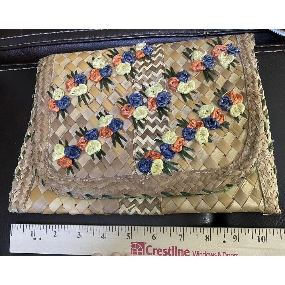 Tan straw VTG Clutch Bag Purse Multicolor Flowers Floral Design Girls Night Out - Image 7