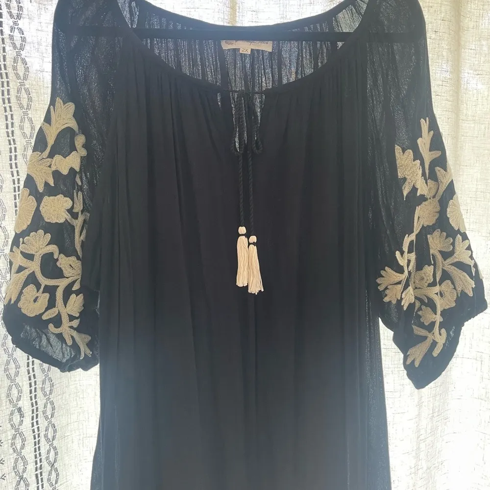 Angel Heart Boutique Embroidered Boho dress with pom pom pom hem 2XL Black Size 2X - Image 6