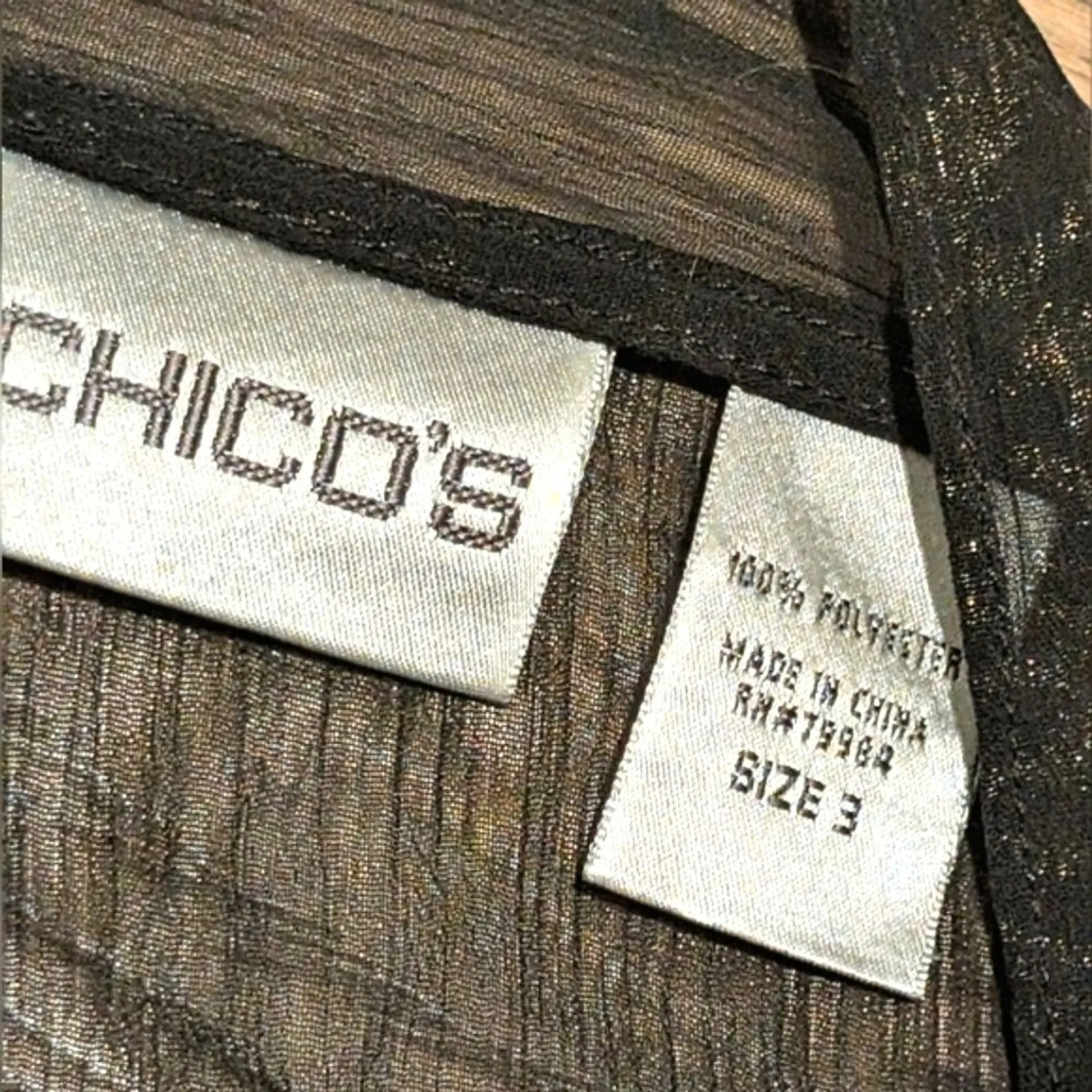 Chico's Blouse Womens 3 XL 16 Black Gold Metallic Sheer Tie-Front Top Shirt - Image 2