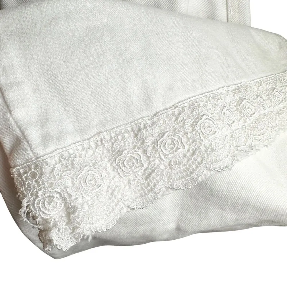 Zara Sailor Gold Button Wide Leg Embroidered Cropped White Patch Pocket Jeans 6 - Image 4