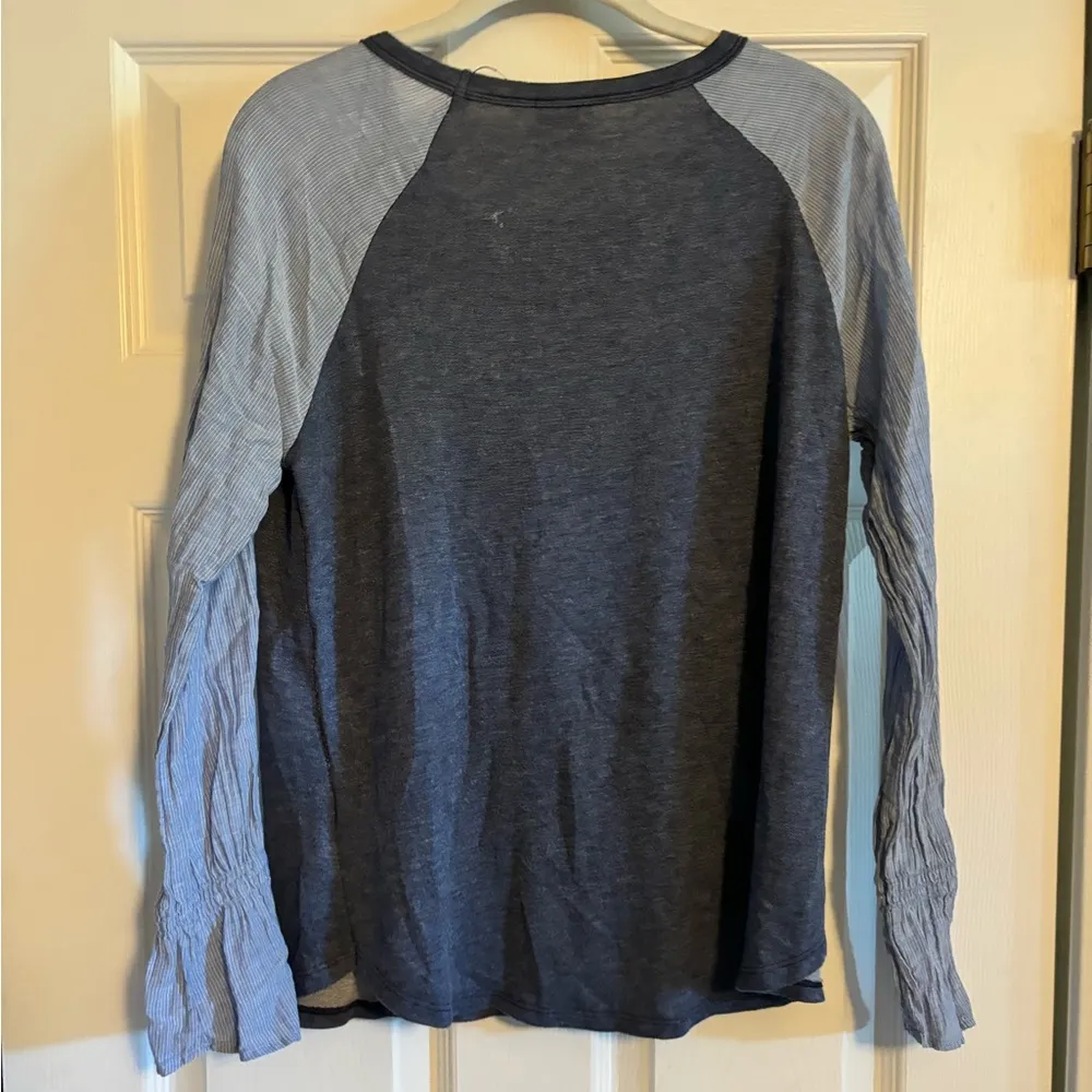 Women’s Blue Long Sleeve Shirt with Striped Sleeves and Rouching Henley - Image 2