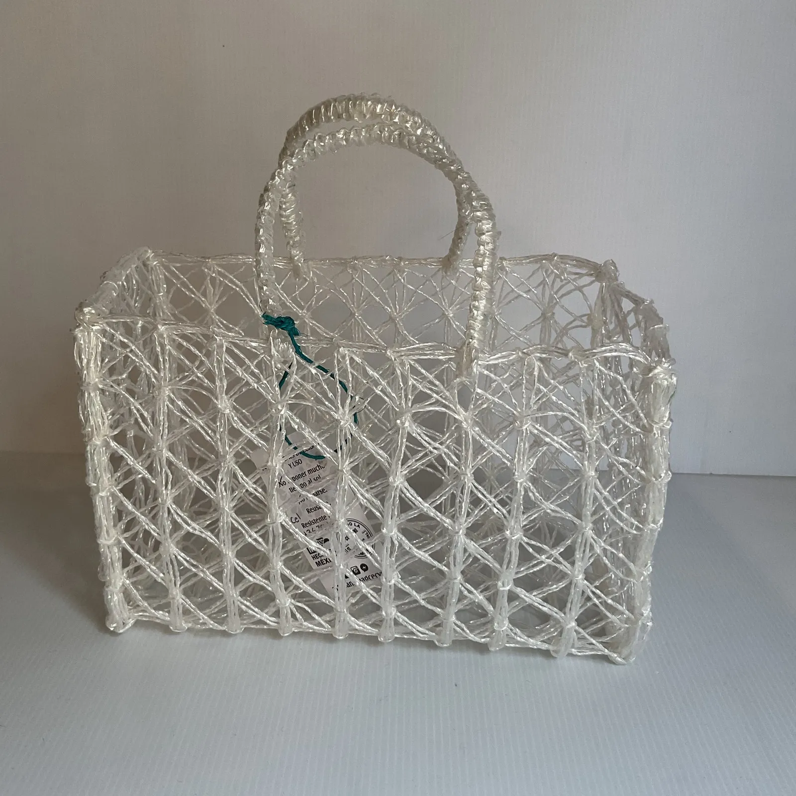 Mexican Clear Woven Tote Bag Biodegradable Plastic Artisan Market Handbag White - Image 2