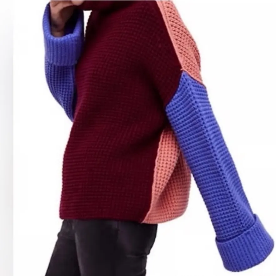 FREE PEOPLE | Oversized Colorblock Waffle Knit Cowl Neck Turtleneck Sweater, S - Image 4