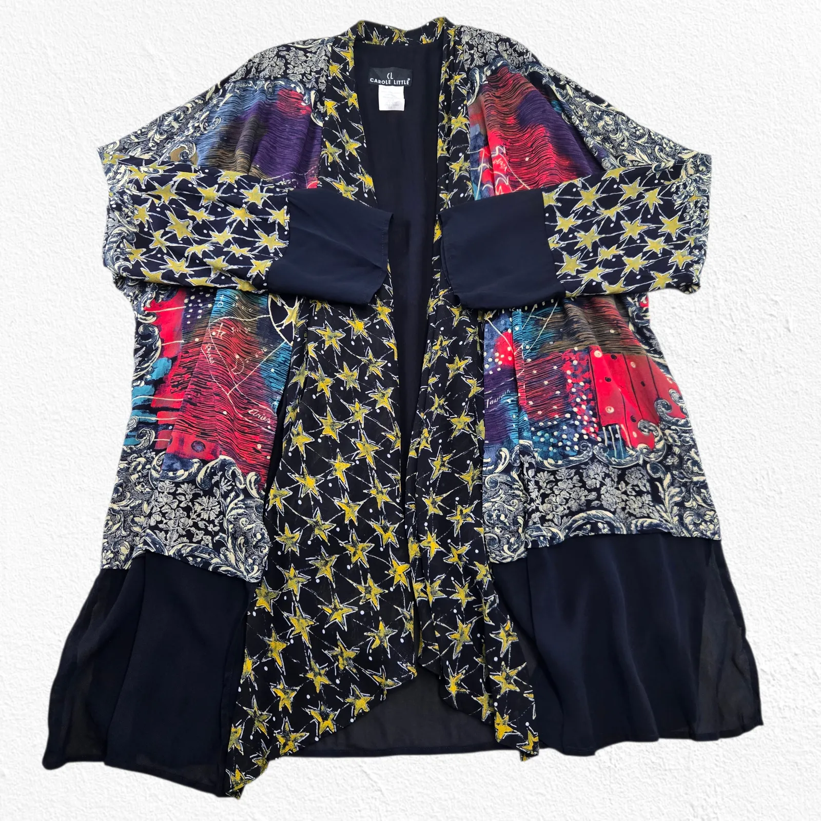 Vintage 90s Carole Little Art Print Kimono Jacket Open Front Cardigan Size 10 Black - Image 1