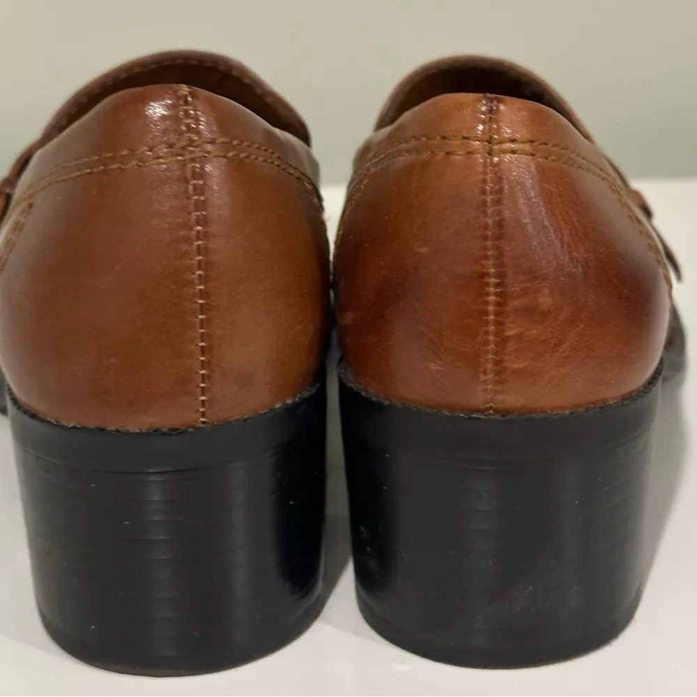 Predictions Tan Leather Loafers Buckle Belt And Almond Toe With Block Heel Sz 6. - Image 7