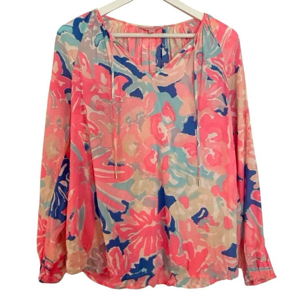 Lilly Pulitzer pink willa floral long sleeve cotton top M - Image 2