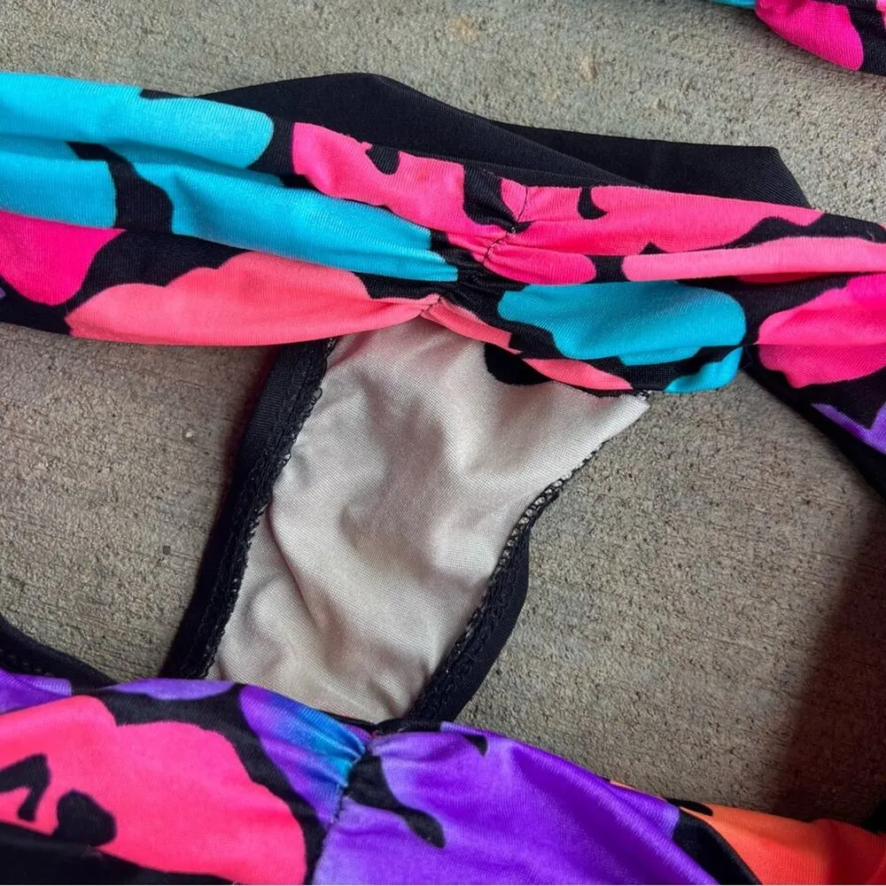 Vintage 80s Carol Weir high rise high hip neon ruched two piece bikini swimsuit Pink Size 12 - Image 8