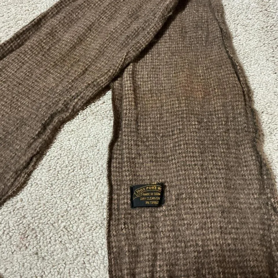 100% Pure Wool Scarf Tan Brown Houndstooth Fringe - Image 6