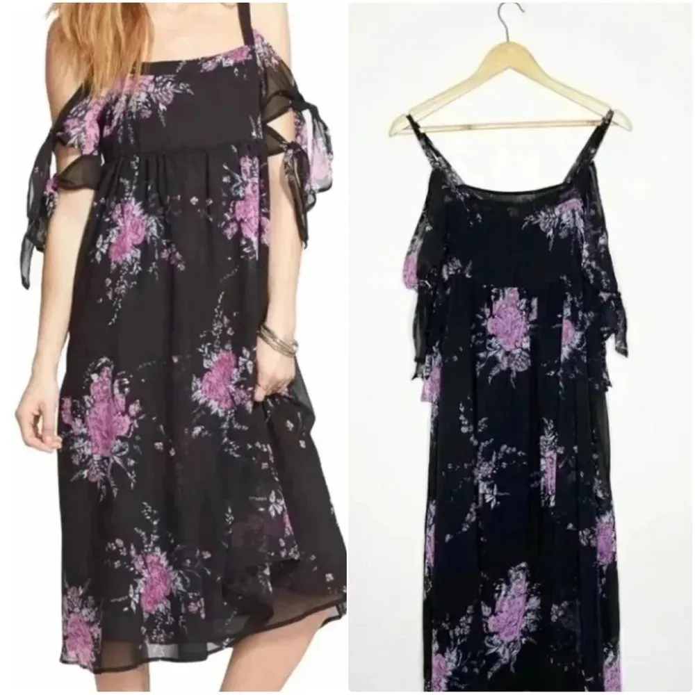 Free People Black Floral MIDI Off the shoulder Dress Size XS Tied to You - Image 8