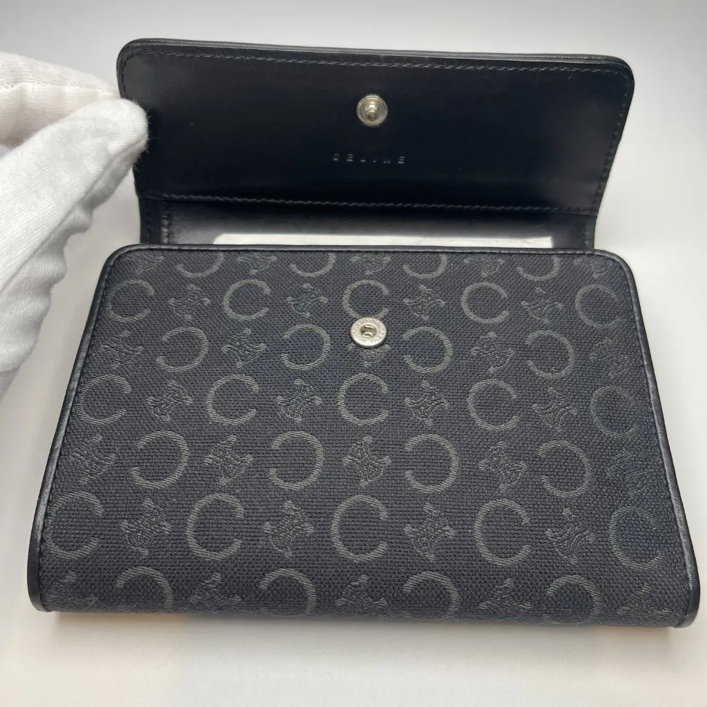 Celine Triomphe Printed Canvas & Leather Compact Wallet - Black - Preowned - Image 3