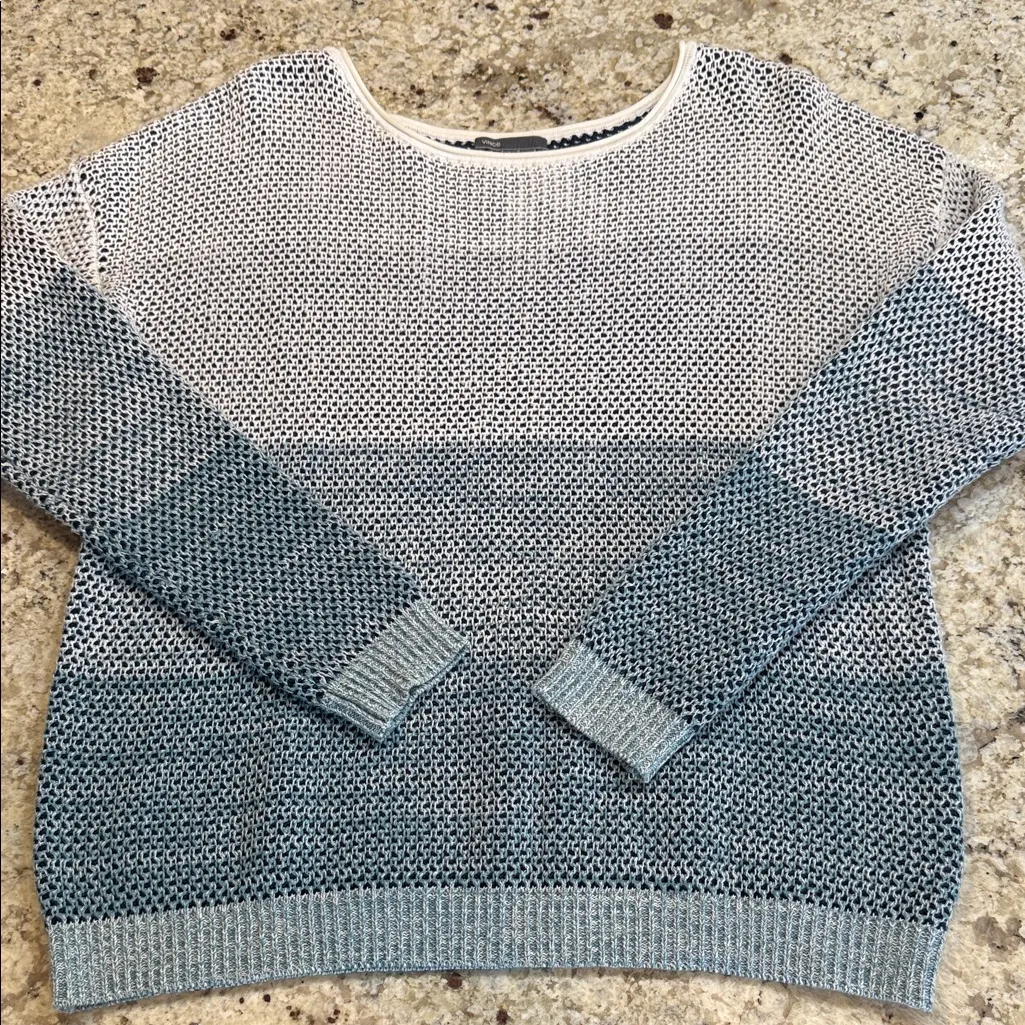 Vince Open Knit Colorblock Cotton Sweater Size L Blue Ivory - Image 2