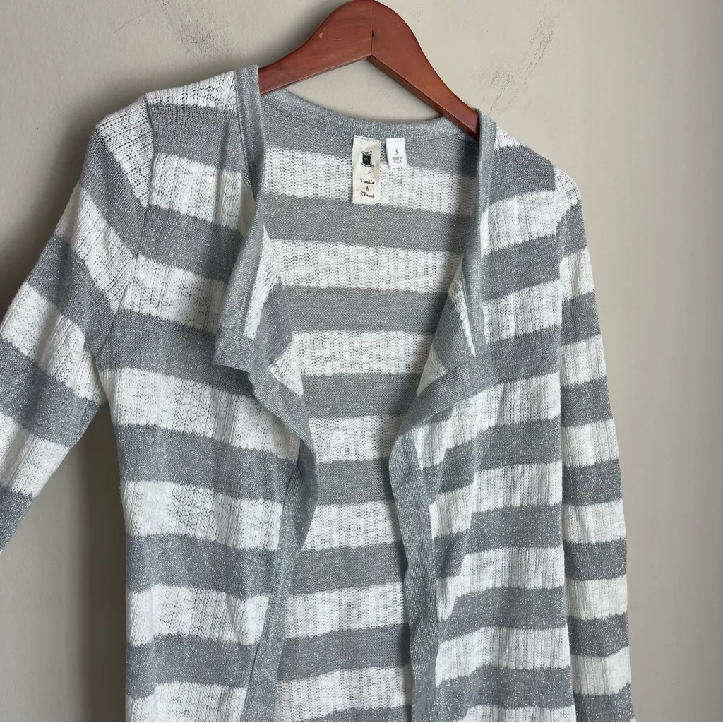 Anthropologie Needle & Thread Long Silver Metallic Striped Cardigan Size Small - Image 3