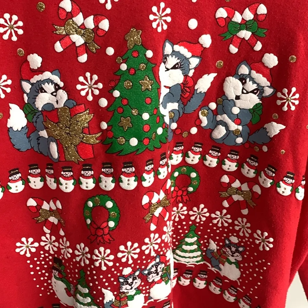 Vintage Ugly Christmas Puff Paint Kittens Sweater Size S - Image 2