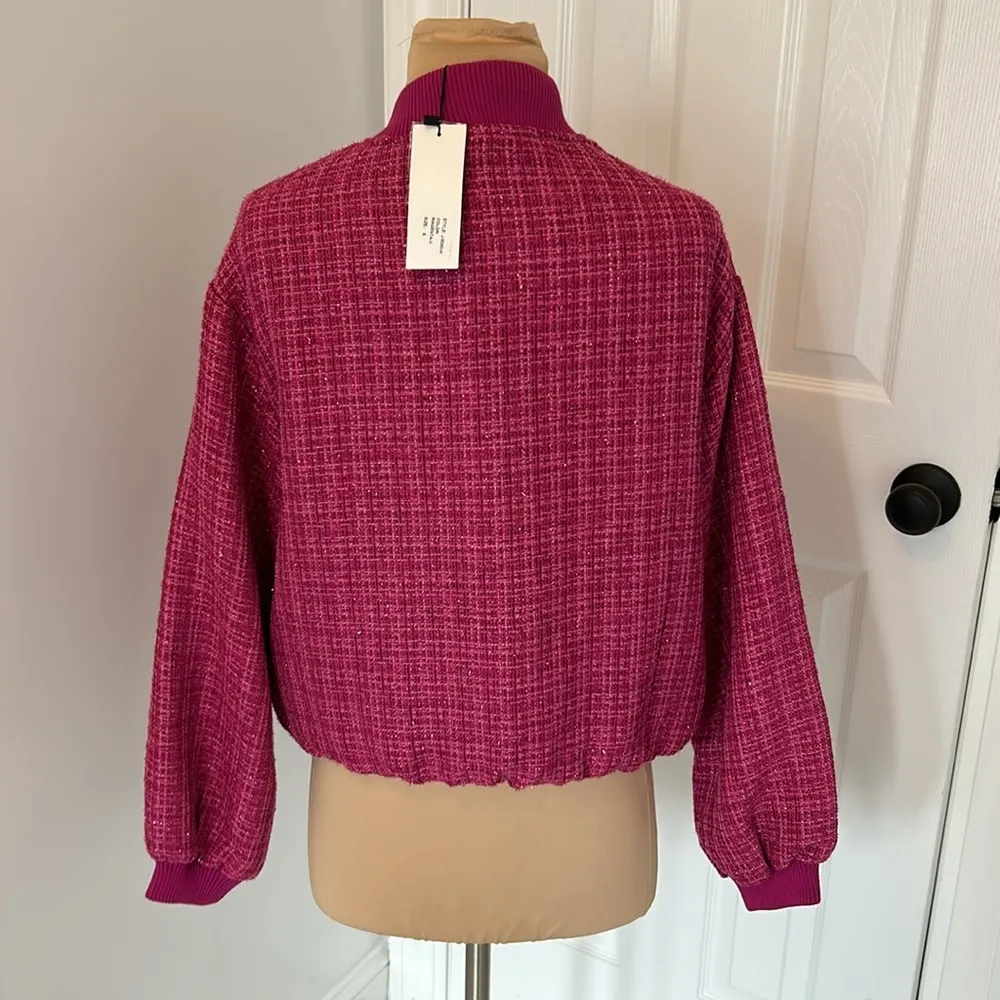 Strut & Bolt Metallic Tweed Bomber Jacket Magenta - Image 6