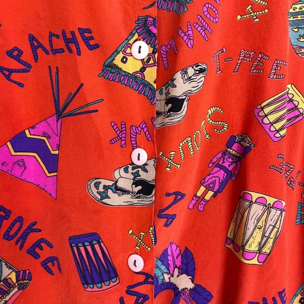 Womens Long Sleeve Silk Shirt Large Red Button Up Tribes Native American Sioux - Image 6