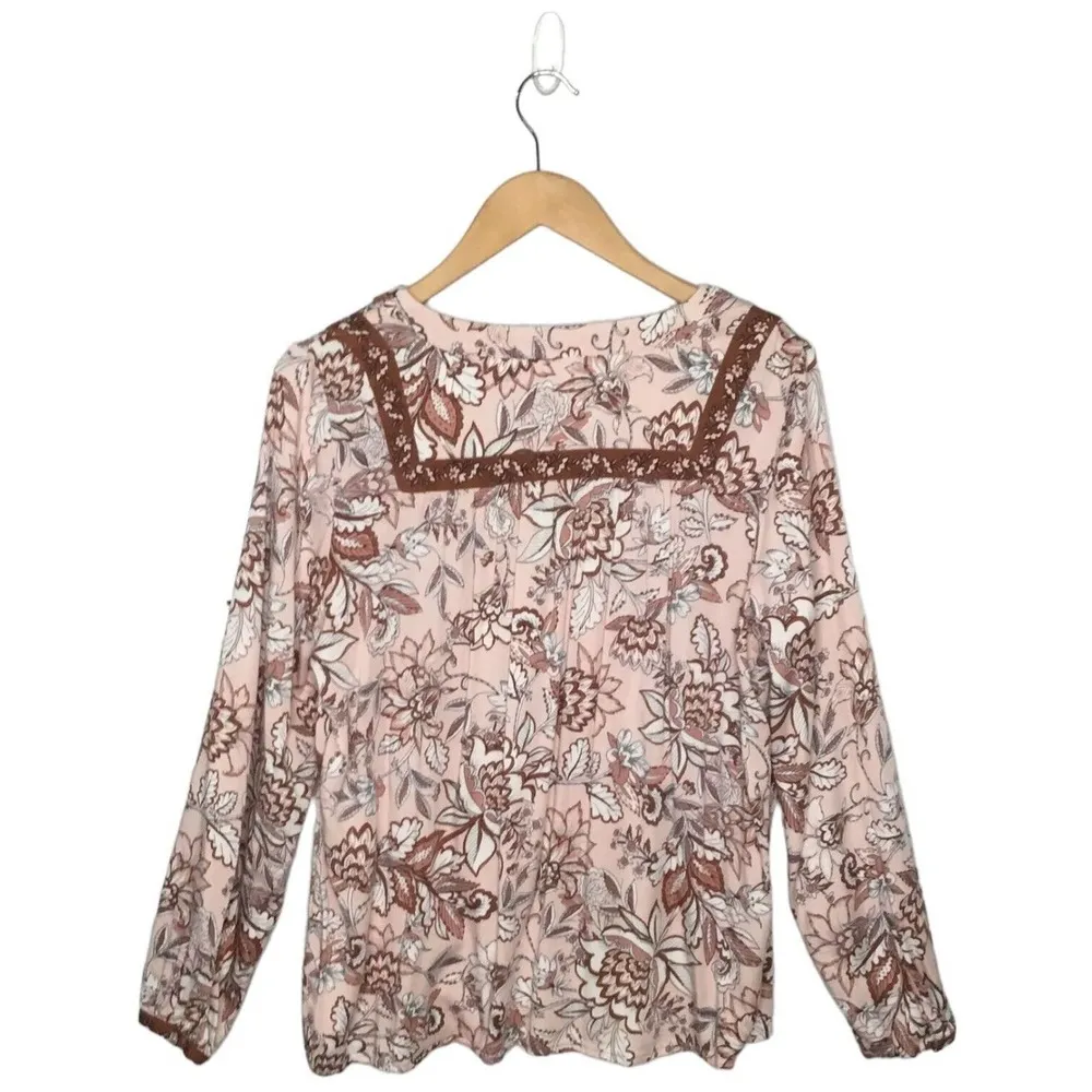 J Jill Floral Long Sleeve V Neck Bohemian Peasant Contrast Light Pink Blouse S - Image 5