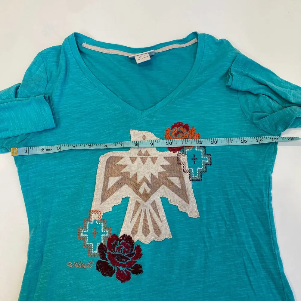 Ariat Lightweight Embroidered 3/4 Sleeve Diablo Tee EUC Sz M Teal Cotton Stretch - Image 7
