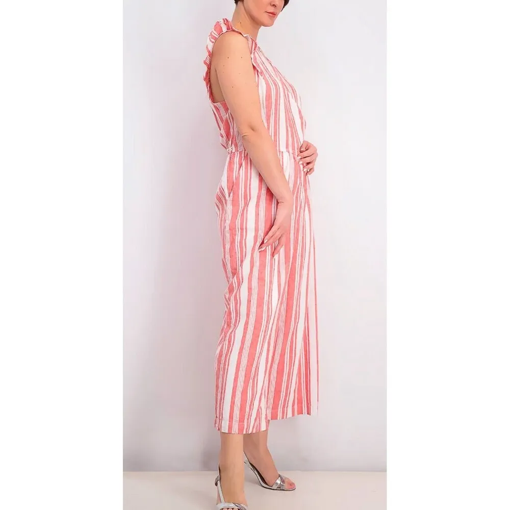 Old Navy Striped Button Front Linen Blend Jumpsuit Women's Sz S Red White Ruffle - Image 2