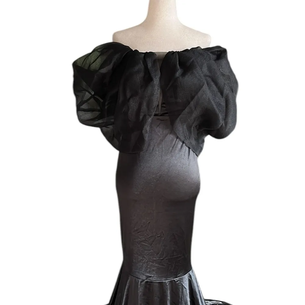 Faeriesty Elegant Off Shoulder Short Sleeve Satin Dress Black - Image 12