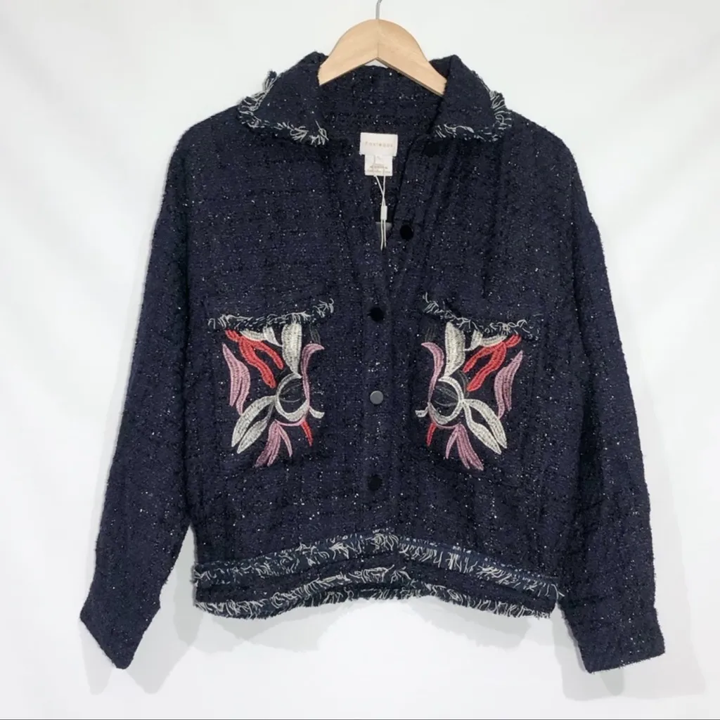 Foxiedox Embroidered Oversized Tweed Boho Cropped Jacket Frayed Edge Boxy Small - Image 3
