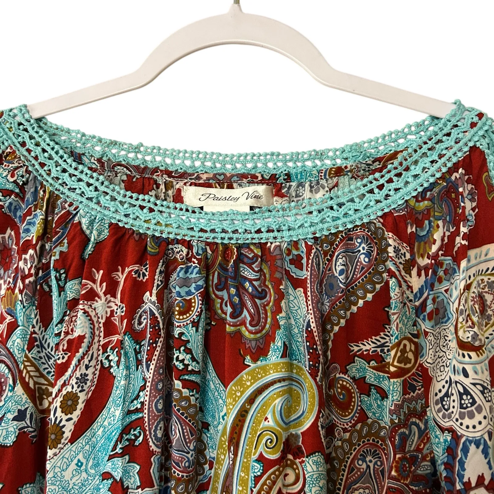 Paisley Vine Top Teal Bell Sleeve Open Shoulder Crochet Art to Wear Boho SZ XL Red - Image 3