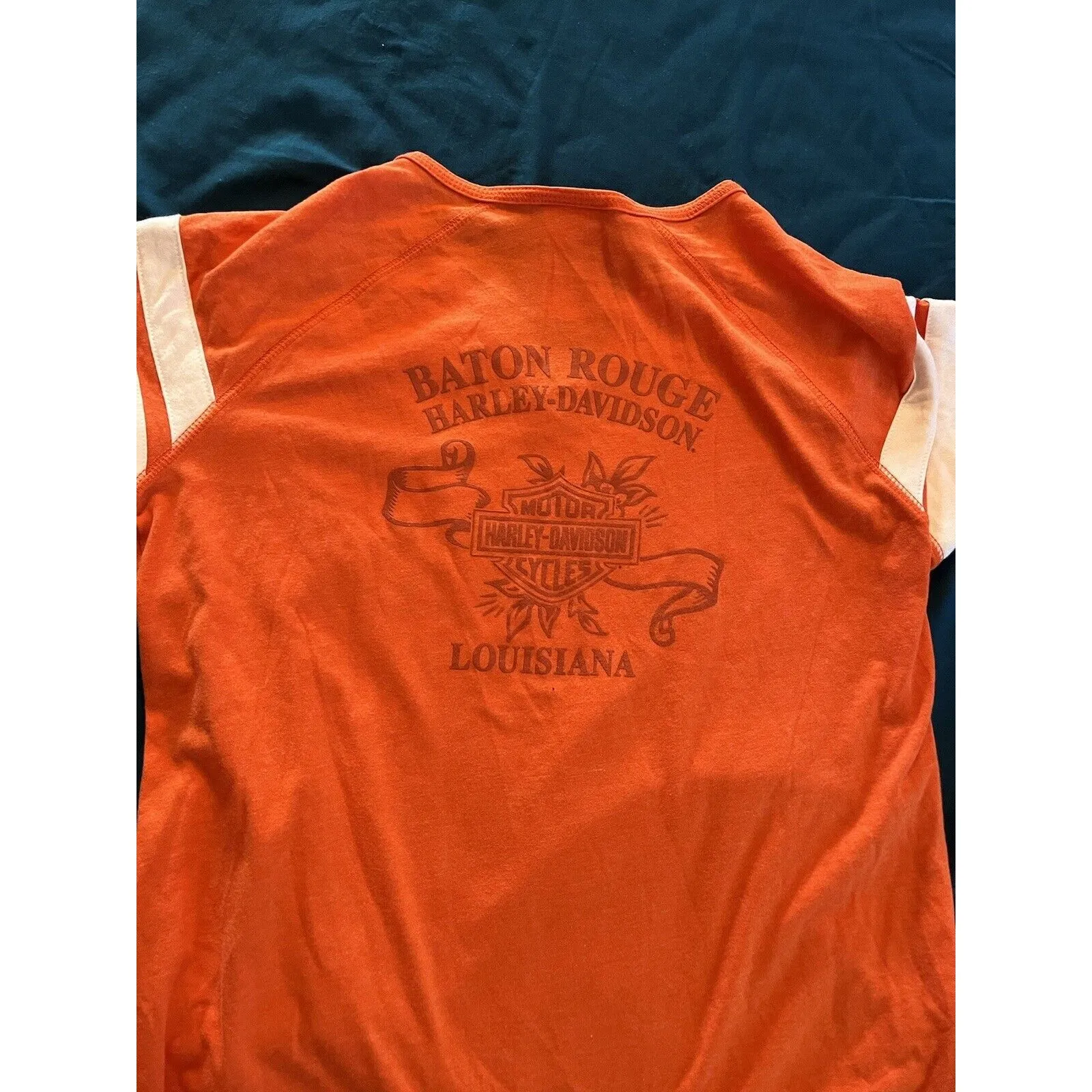 Harley Davidson T Shirt Orange & White Striped Sleeves Women XS Baton Rouge LA - Image 8