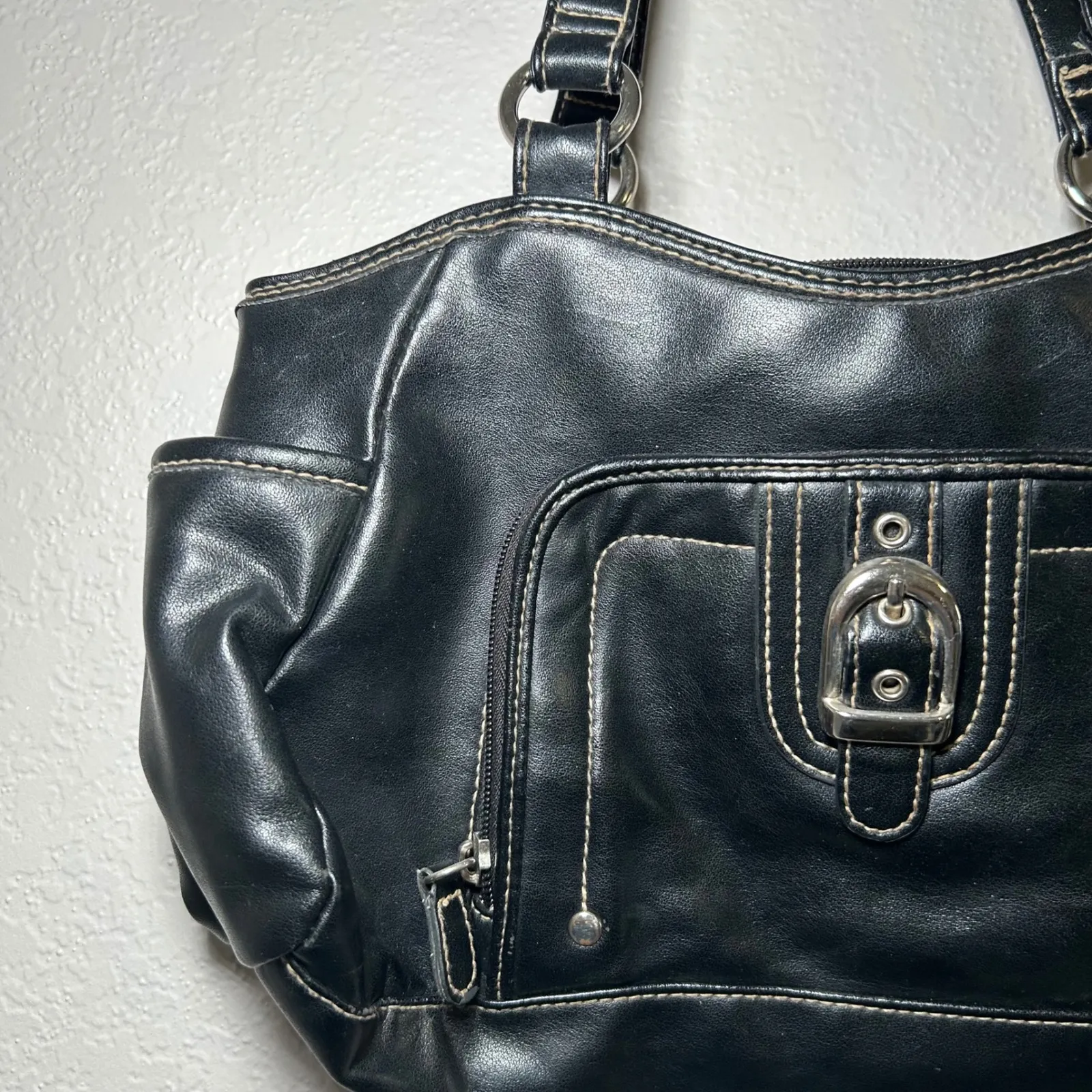 Black Faux Leather Shoulder Bag Silver Buckle Detail minimal classic everyday - Image 2