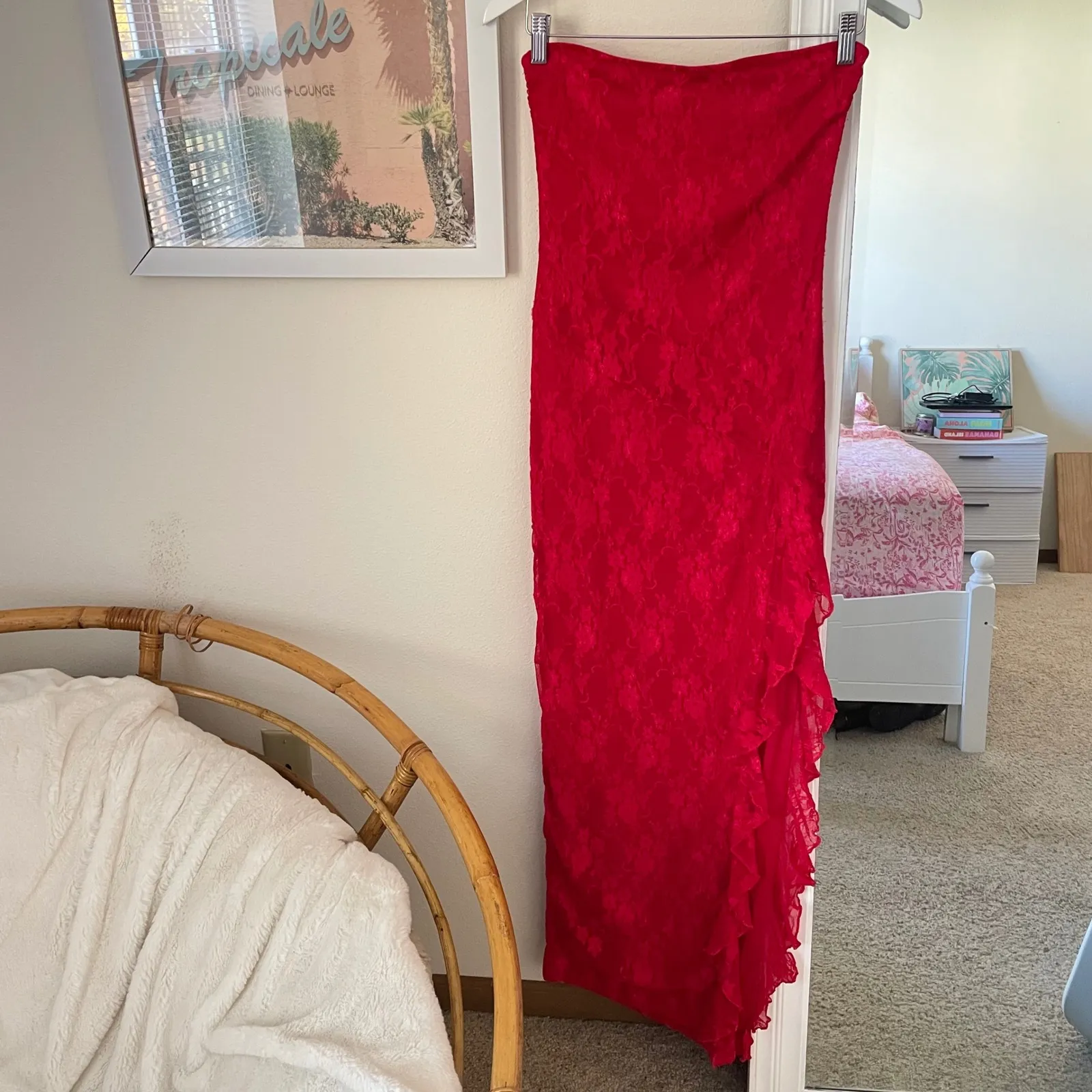 Lucy in the Sky Strapless Lace Ruffle Slit Maxi Dress in Red Size Medium - Image 2