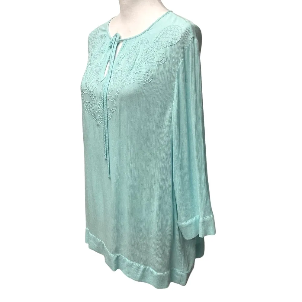 Chico's Women's Embroidered Tunic Blouse Size L Teal Blue Tie‎ Neck Long Sleeve - Image 2