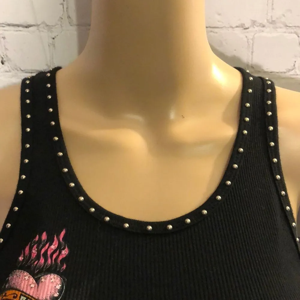 Bejeweled Studded Punk Tank Top Skull Flowers Hearts Flames Eagle XS/S - Image 6