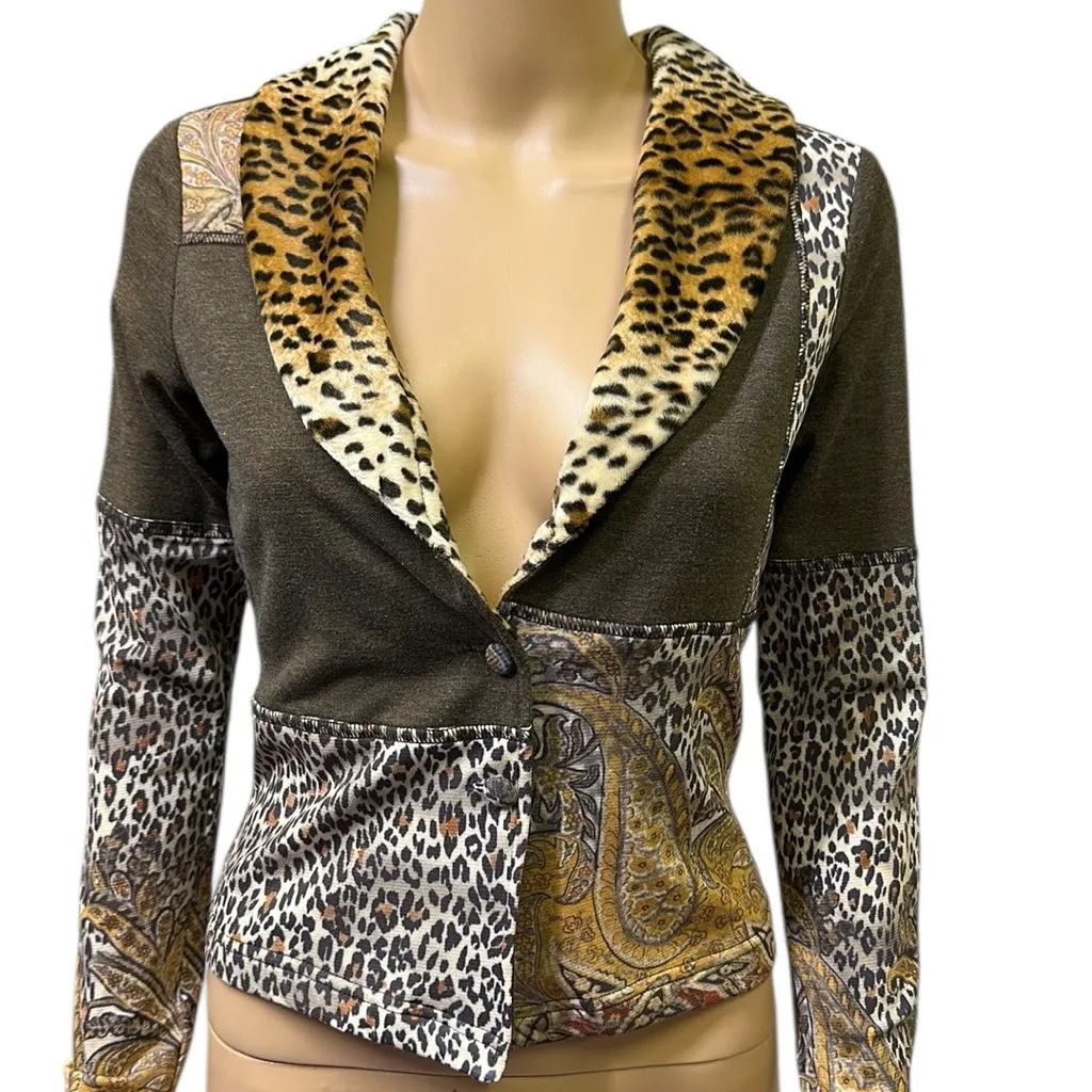 Casadei Mixed Media Vintage Leopard Paisley Lightweight Jacket Faux Fur Collar S - Image 3