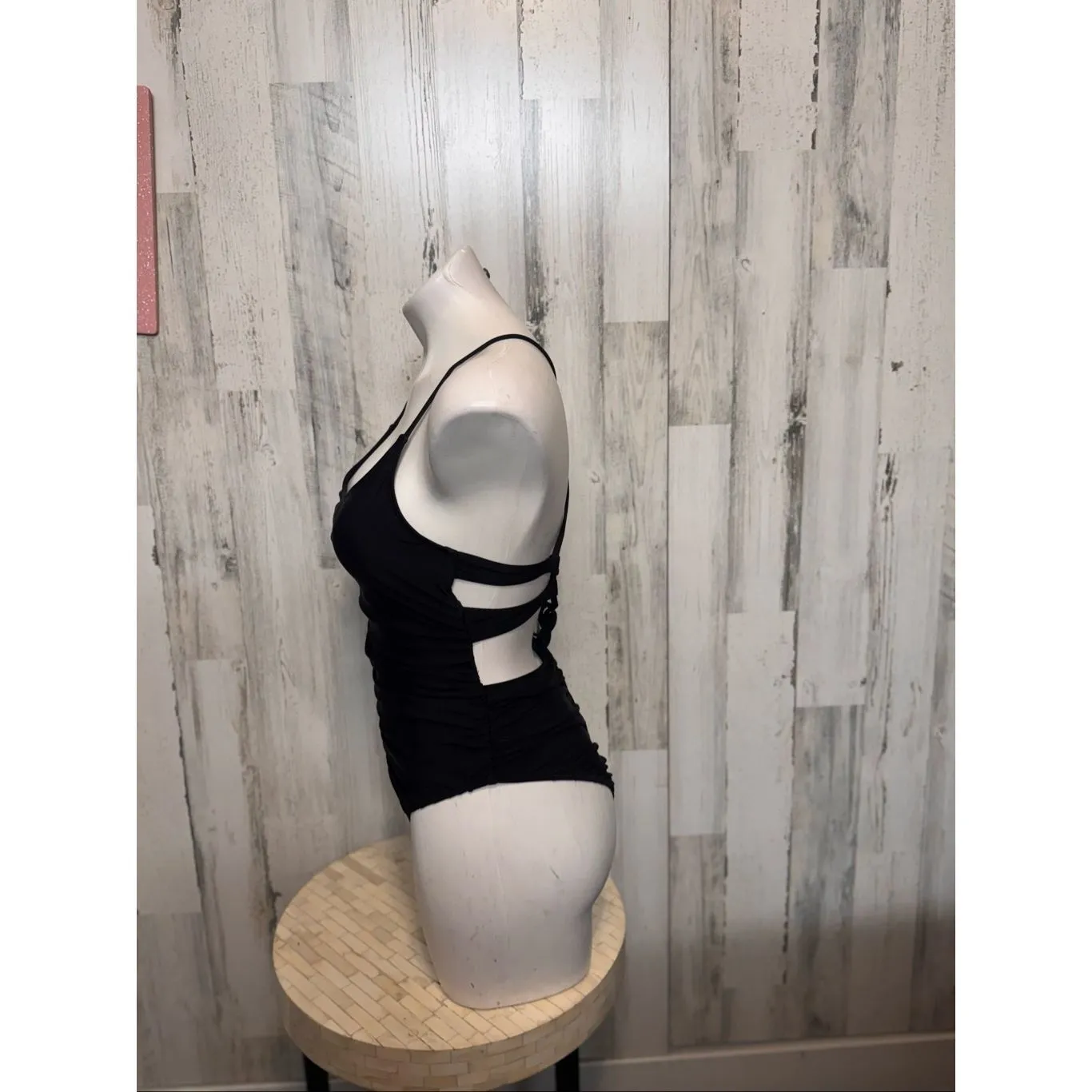 Black Ruched One Piece Swimsuit Size Medium Criss Cross Back Adjustable Straps N - Image 4