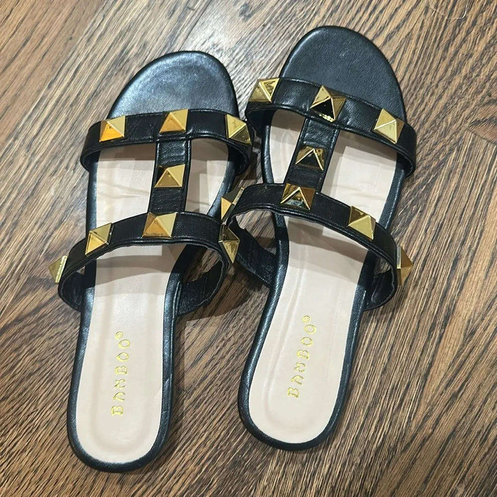 Bamboo Black with Gold Stud Sandals - Image 3
