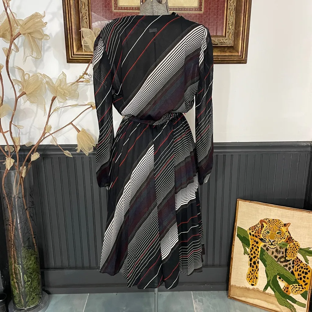 Vintage 70s Melissa Lane Striped Pleated Dress Semi Sheer Faux Wrap - Sz 12 💚🎀 - Image 8