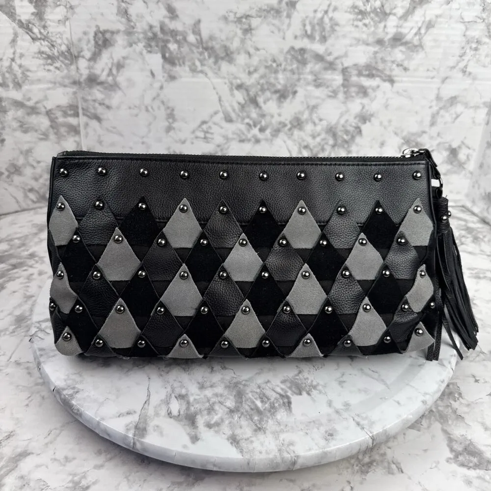 Rafe New York Zip Top Clutch Patchwork Scales Studded Black Gray Leather Tassel - Image 5