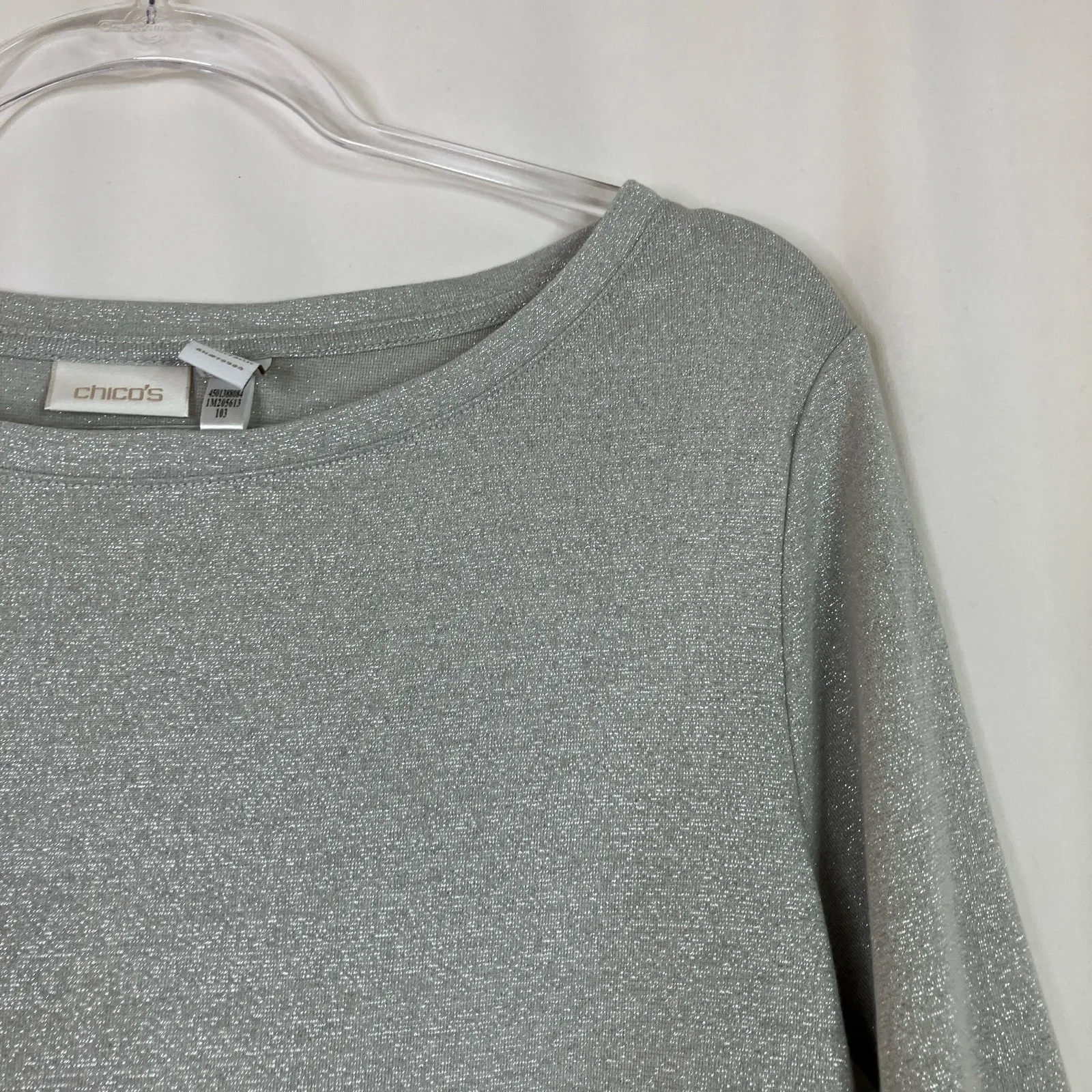 Chico's | Silver Gray Shimmery 3/4 Sleeve Top Cotton Metallic Blend Chico 2/US L - Image 4