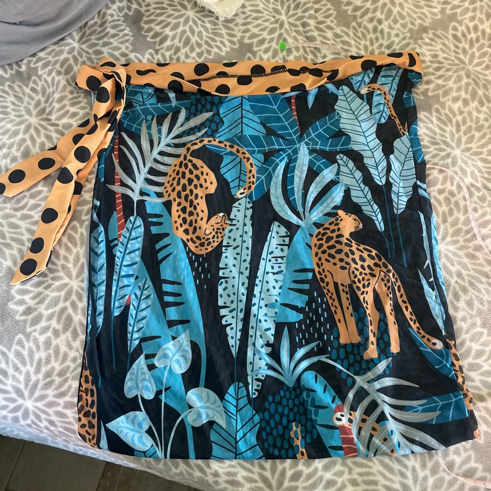 Sheer Leopard Tropical Print Cover Up Wrap Skirt Beach Boho Vacation Mesh Resort Blue Size undefined - Image 4