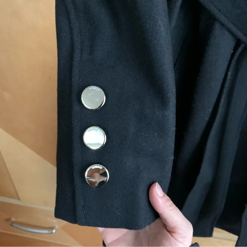 Guess  Wool Blend Black Coat Silver Hardware Belted Single Breasted Medium - Image 6