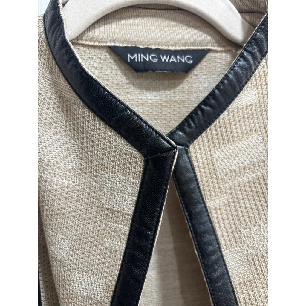 Women's MING WANG Cardigan Beige Knit, Faux Leather Trim, M/L - Image 3