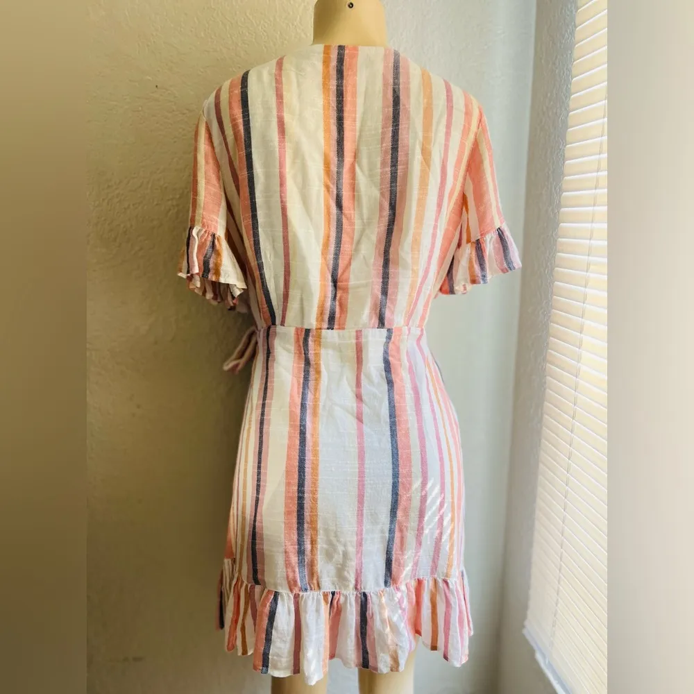 Express Cotton Blend Stripe Ruffle Wrap Dress in Cream Pink Size Medium - Image 3