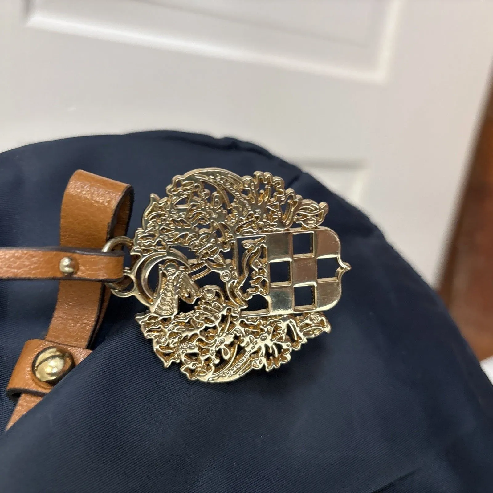 Vince Camuto Cris Blue Nylon Brown Leather Crossbody Tassel Bag Gold - Image 3