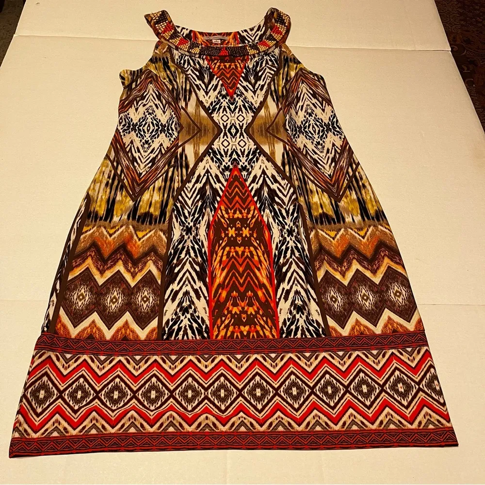 Dress Barn Women SZ 8 Brown Orange Dress Tribal Aztec Sleeveless Beaded Neckline - Image 16