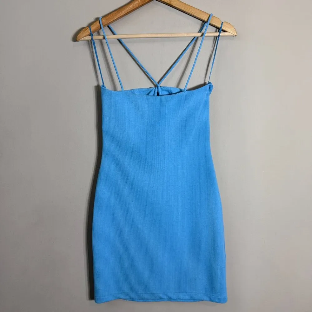 Mango Crisscross Strap Bodycon Mini Dress Women's 2 Blue Going Out Ribbed NWOT - Image 10