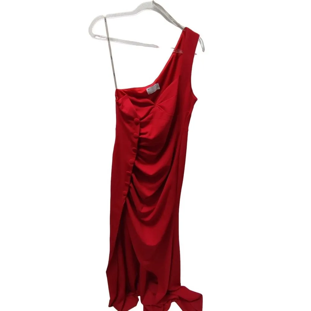 DESIGN one shoulder button maxi dress in red - Image 6