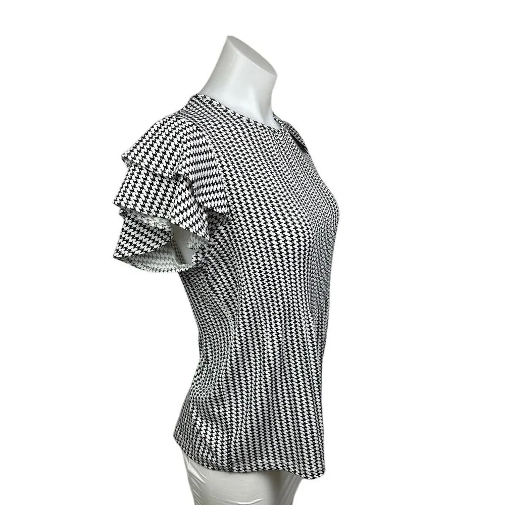 Adrianna Papell NWT Black Houndstooth Flutter Sleeve Crewneck Blouse Top Size XS - Image 2