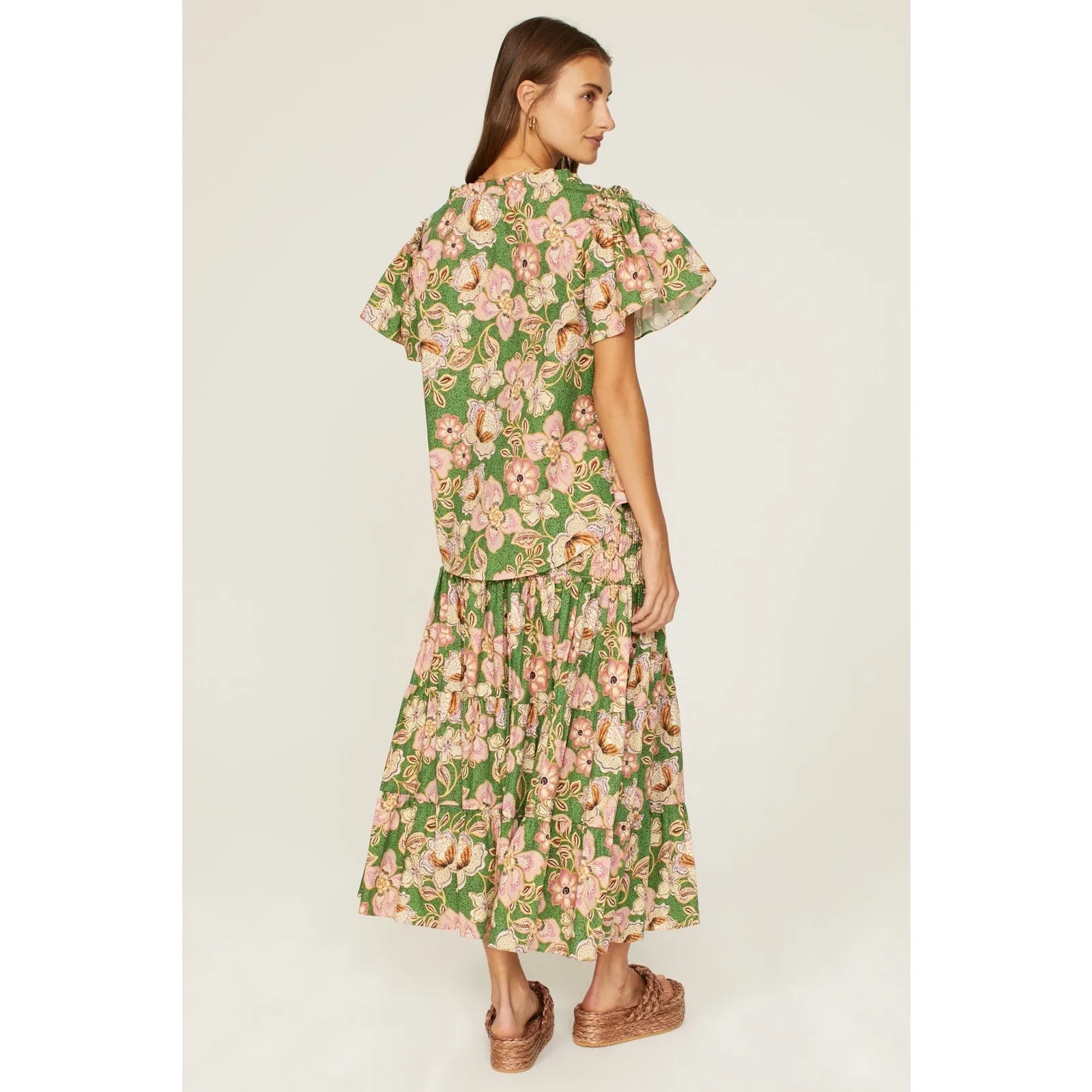 MISA Suparna Green Floral Print Cap Sleeve Tie Neck Peasant Blouse Size Large - Image 3