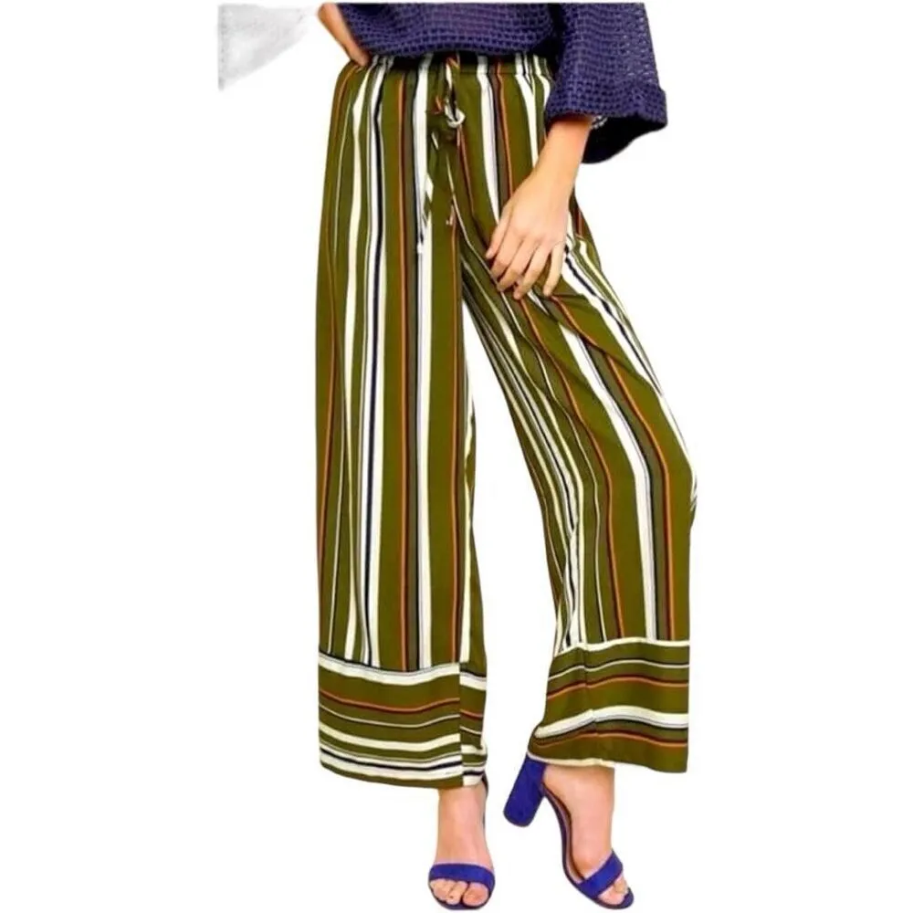 Womens Umgee Wide Leg Striped Pallazo Cropped Drawstring Pull-On Pants - Sz S - Image 2