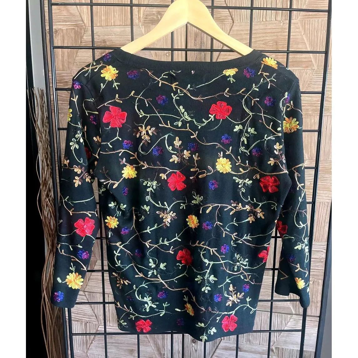 Vintage Austin Reed Womens Top Small Black Floral Embroidered 3/4 Sleeve - Image 2